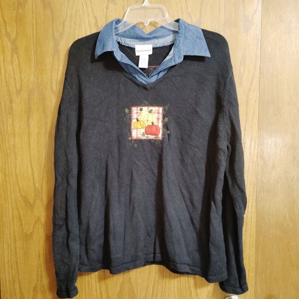 Vintage Breckenridge Womenâs Large Top Shirt Pumpkin Fall Pullover Black Cottage